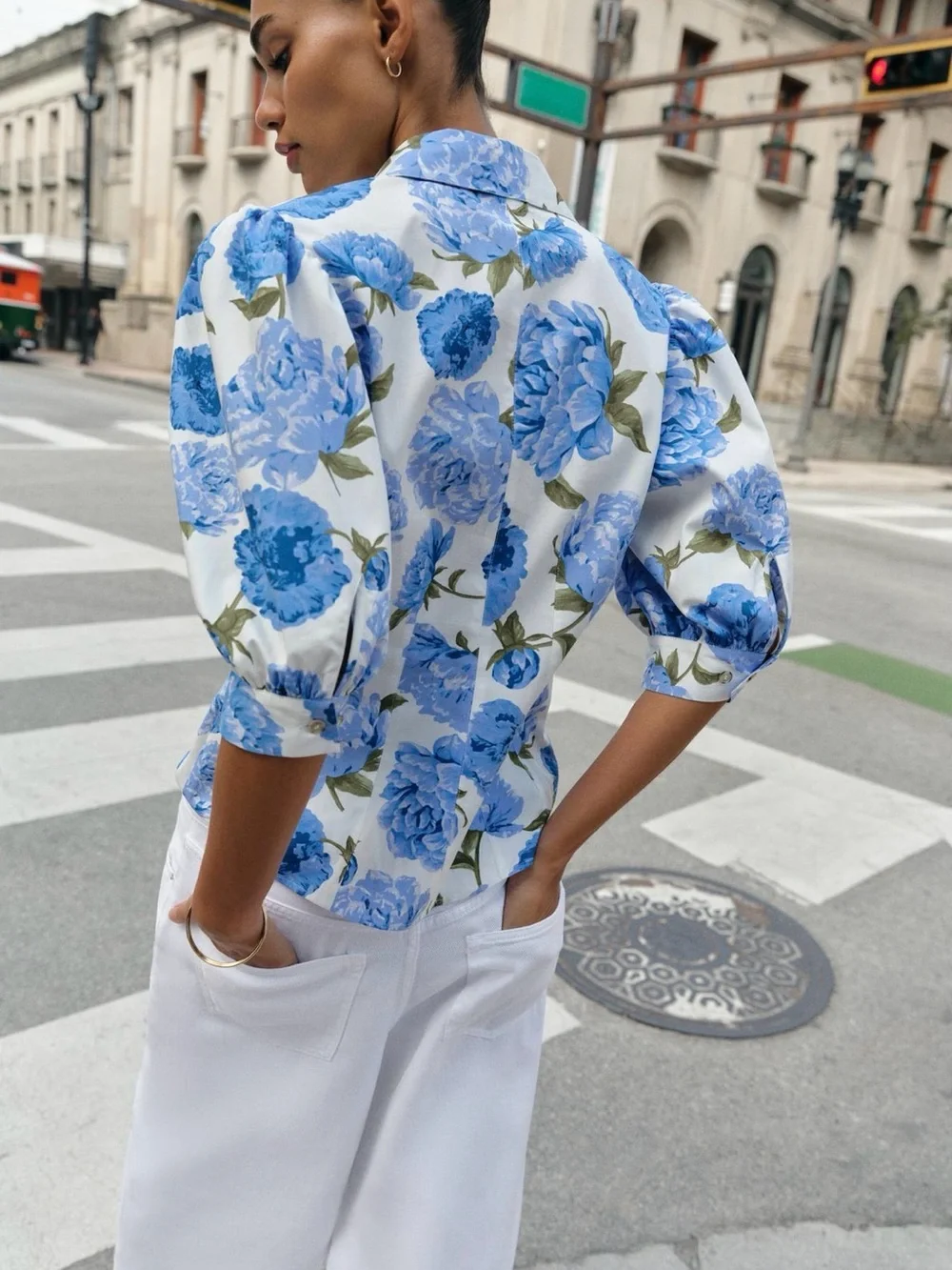 Zara White Blouse with Blue Floral Print